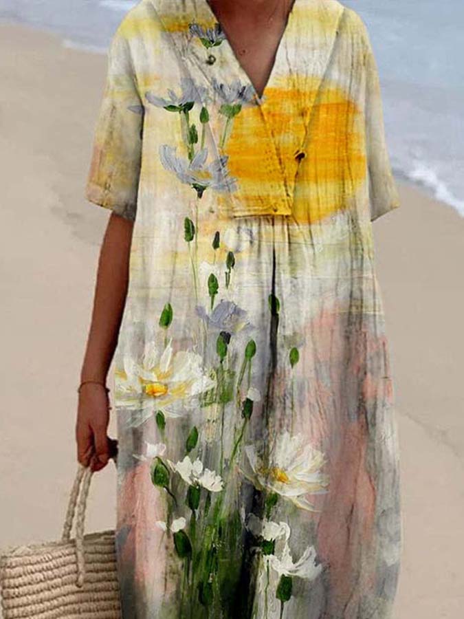 Women's Vintage Flower Oil Painting Print Casual Cotton And Linen Dress