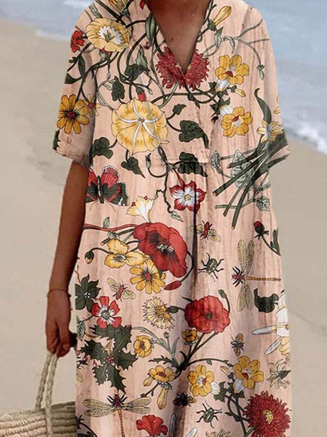 Women's Flower Print Casual Cotton And Linen Dress