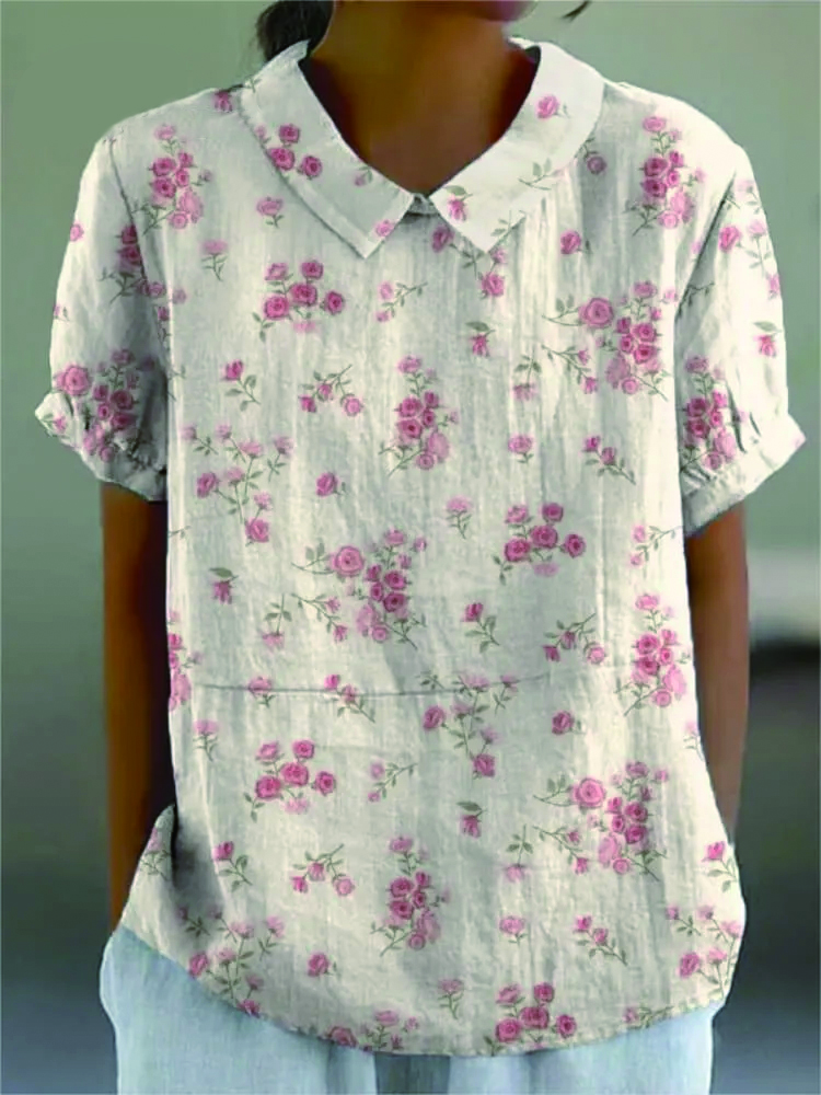 Women's Floral  Print Casual Cotton And Linen Shirt