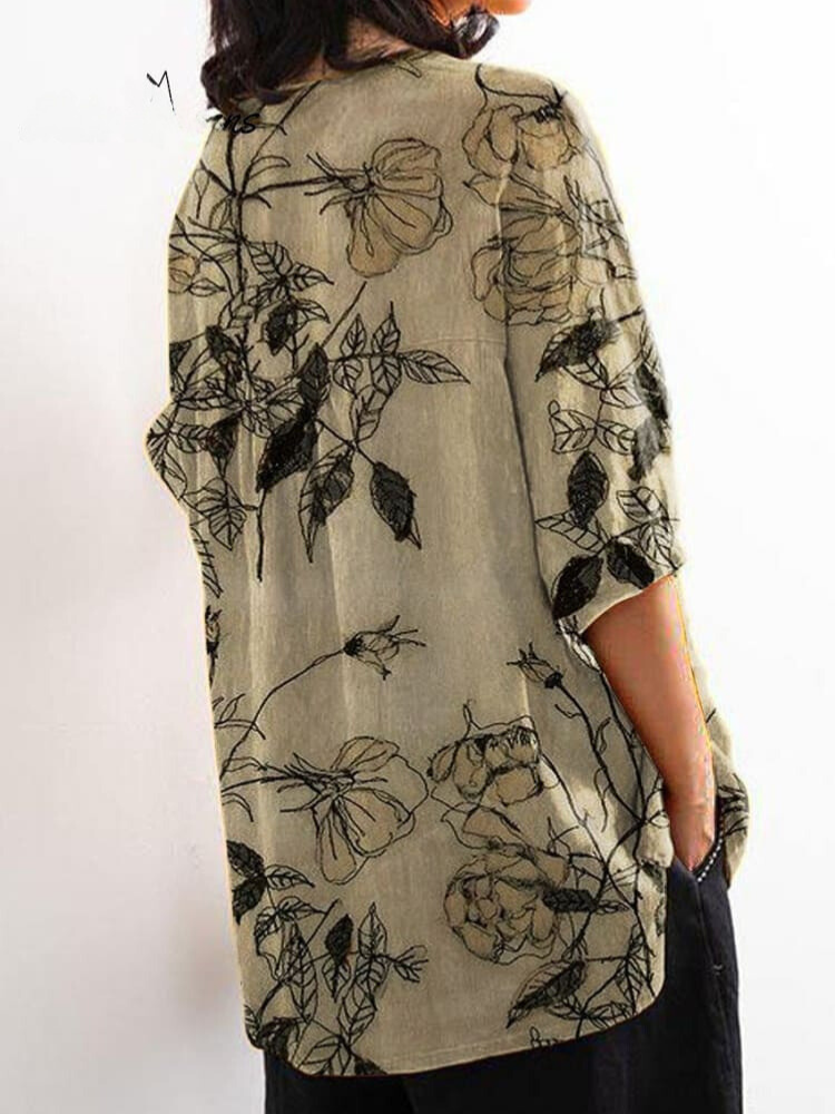 Women's Vintage Floral Art Print Casual Cotton And Linen Shirt
