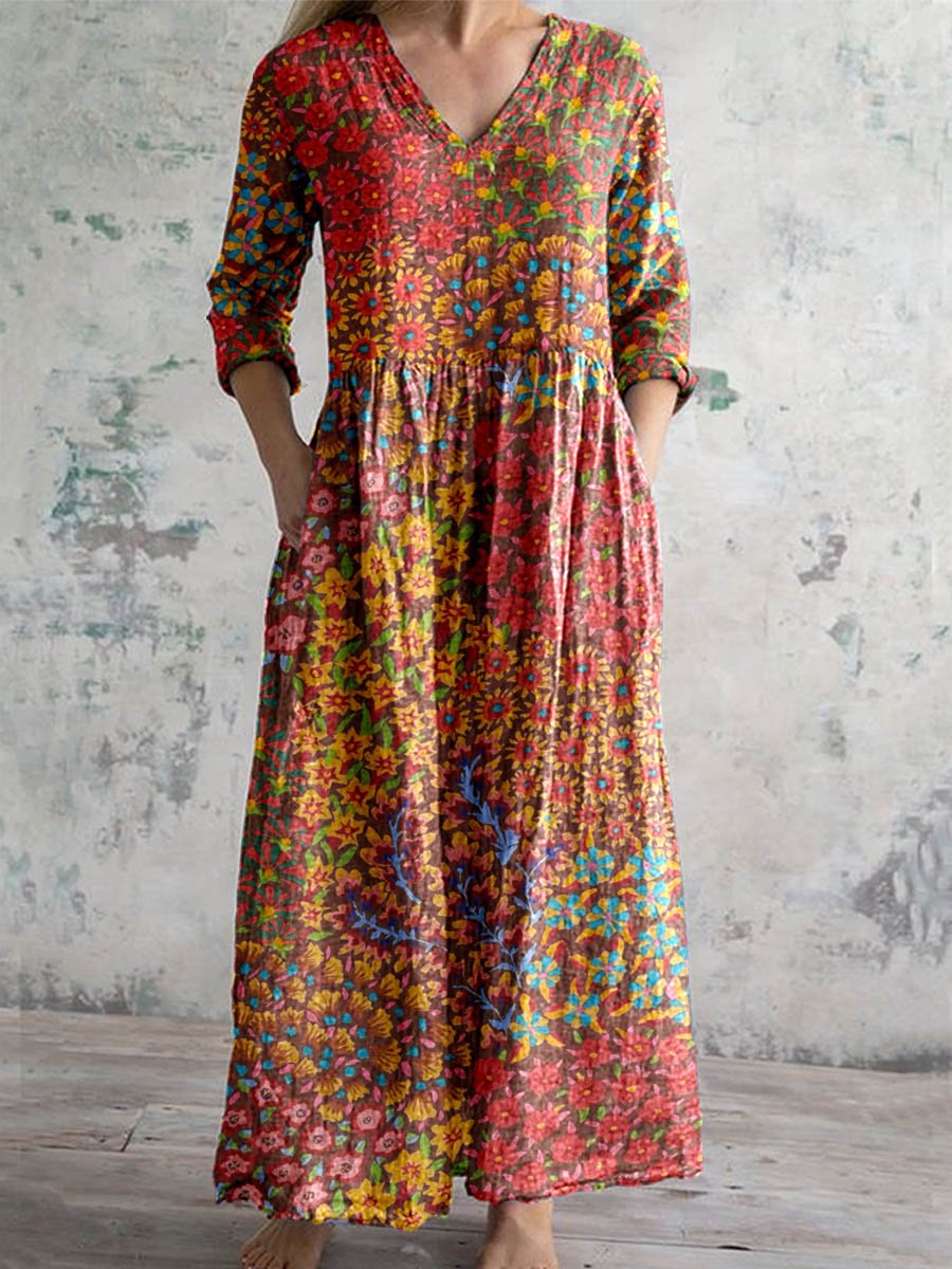 Women's Elegant Ethnic Geometric Floral Pattern Cotton Dress