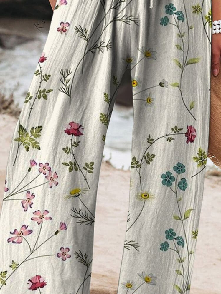 Women's Vintage Floral Art Printed Cotton And Linen Casual Pants