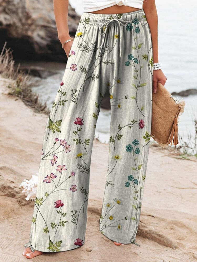 Women's Vintage Floral Art Printed Cotton And Linen Casual Pants