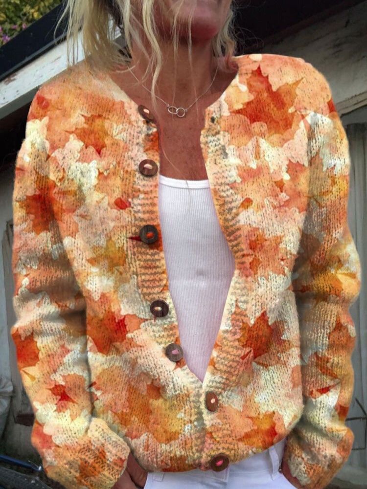 Maple Leaf Autumn Art Print Buttoned Cardigan Sweater