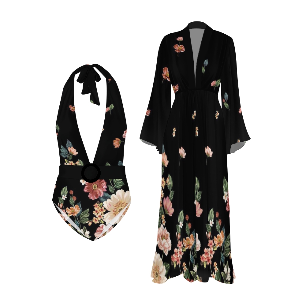 Print One-piece Swimsuit And Beach Kimono 2403000126