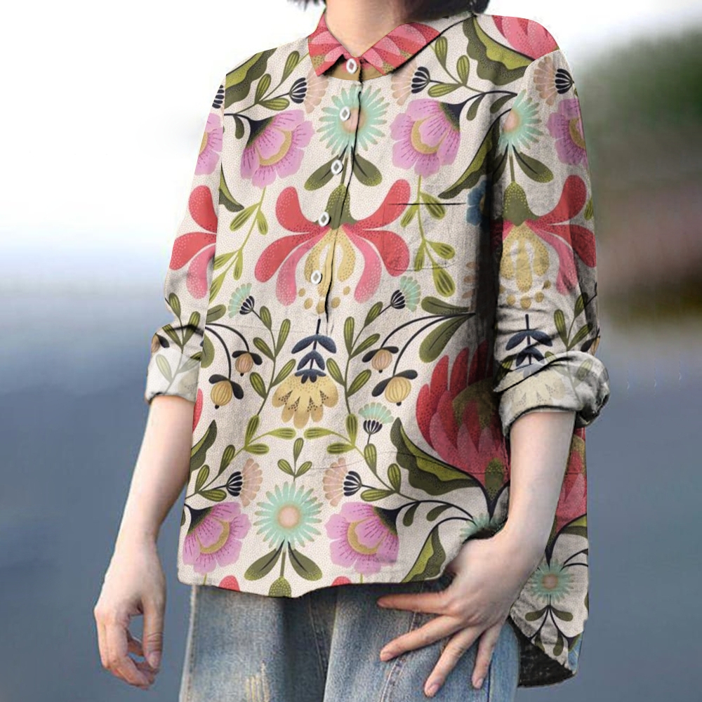 Women's Print Casual Cotton And Linen Shirt