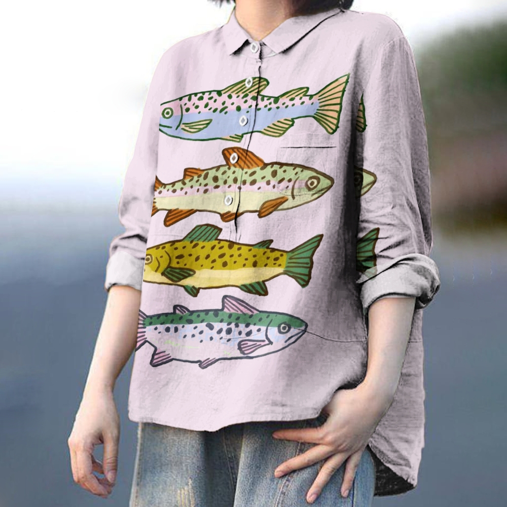 Women's Print Casual Cotton And Linen Shirt 2407002159