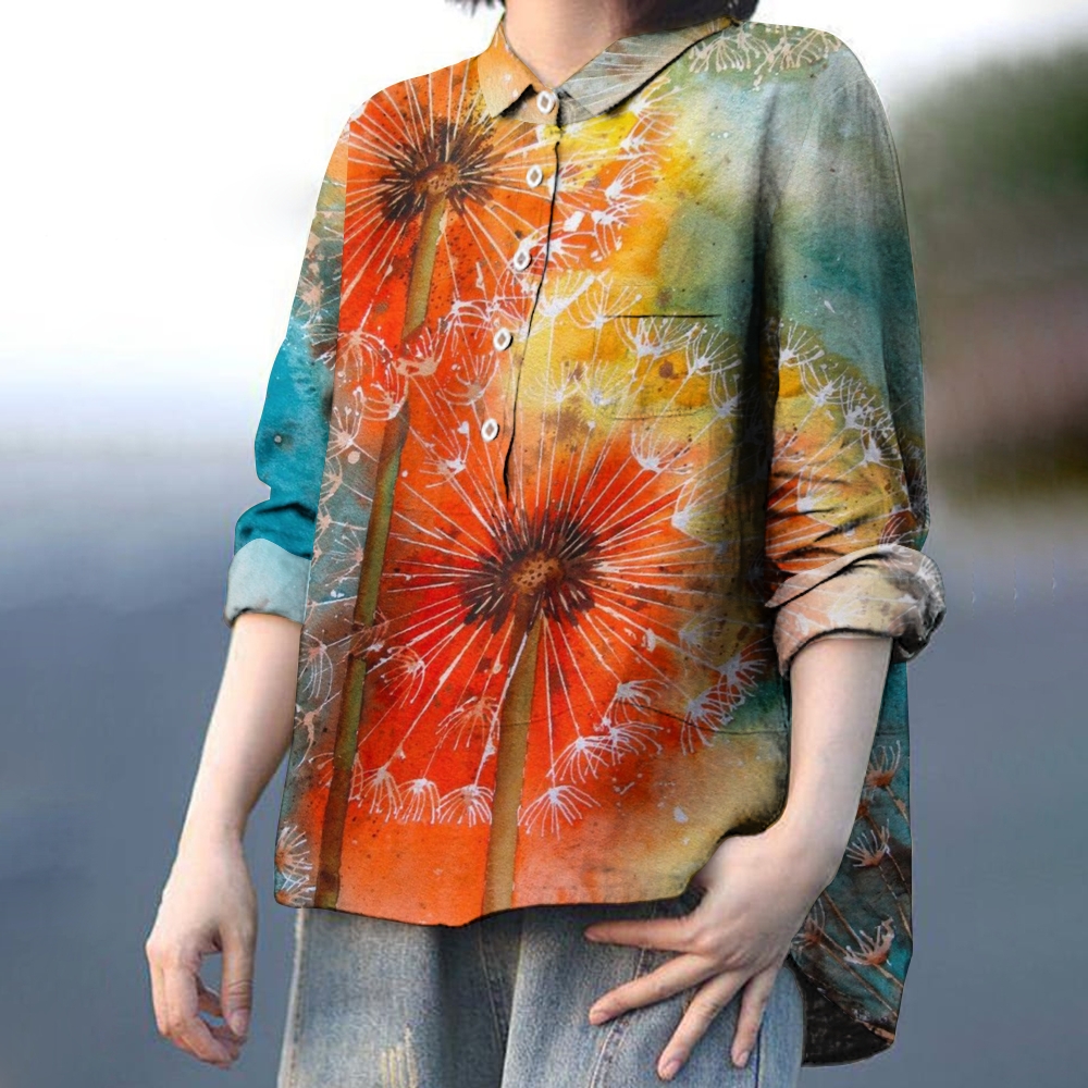 Women's Colorblock Dandelion Print Casual Cotton And Linen Shirt