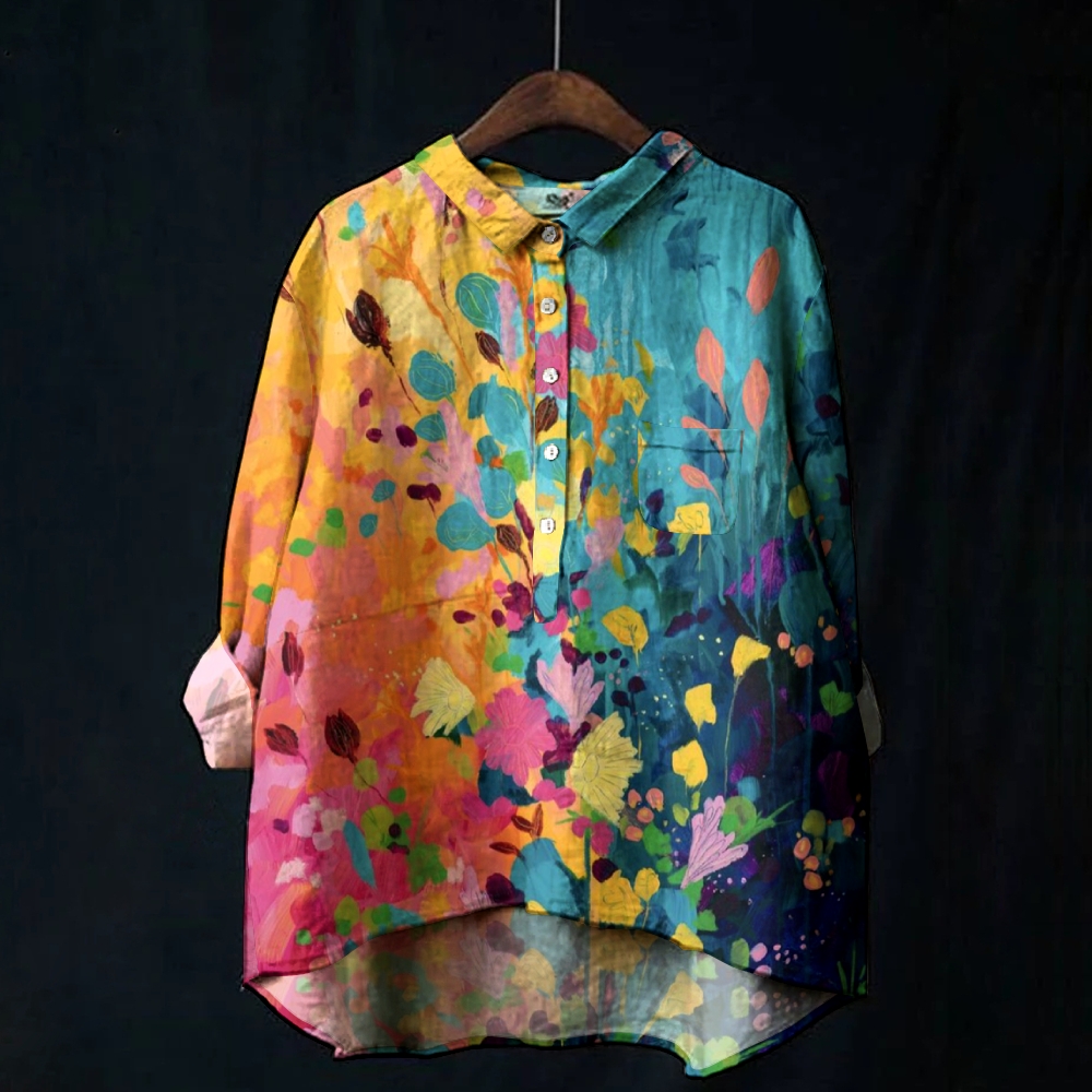 Women's Colorblock Floral Print Casual Cotton And Linen Shirt