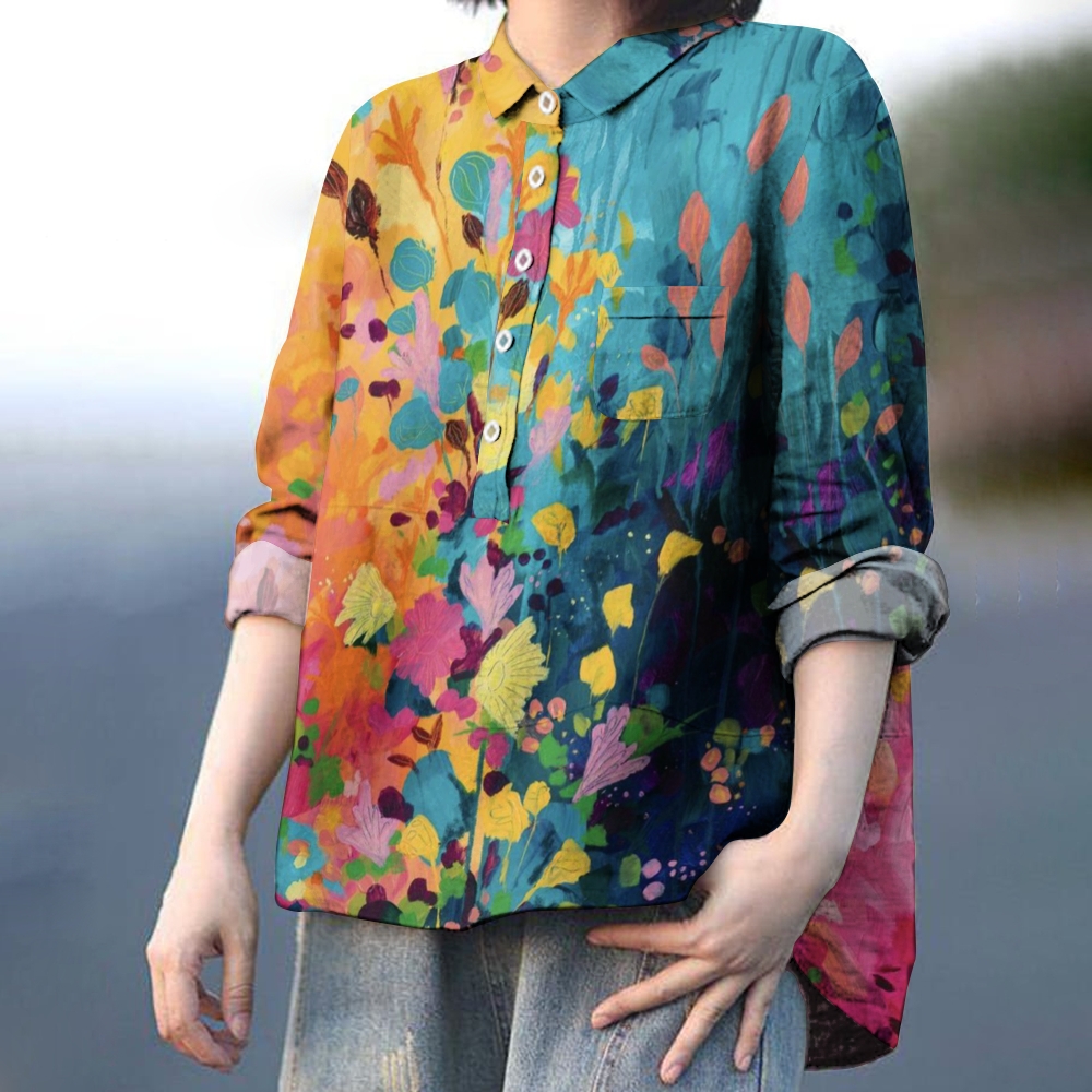 Women's Colorblock Floral Print Casual Cotton And Linen Shirt