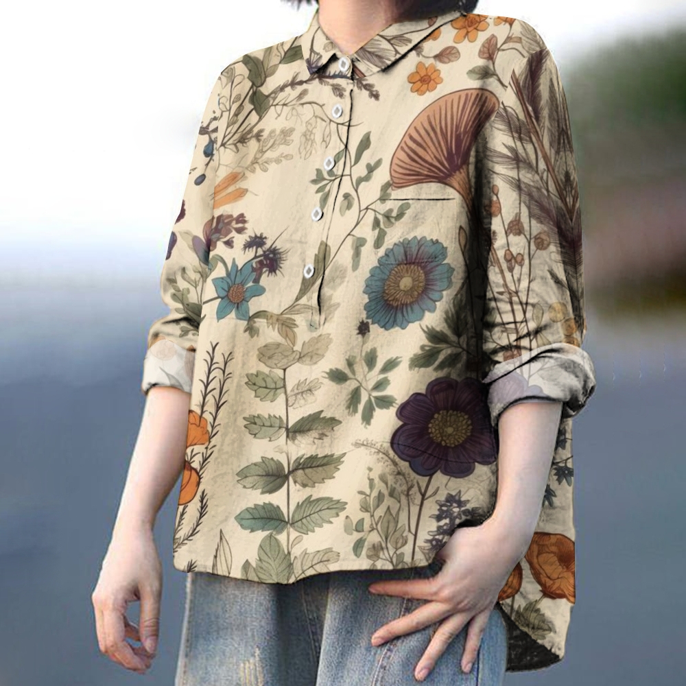 Women's Retro Floral Print Casual Cotton And Linen Shirt