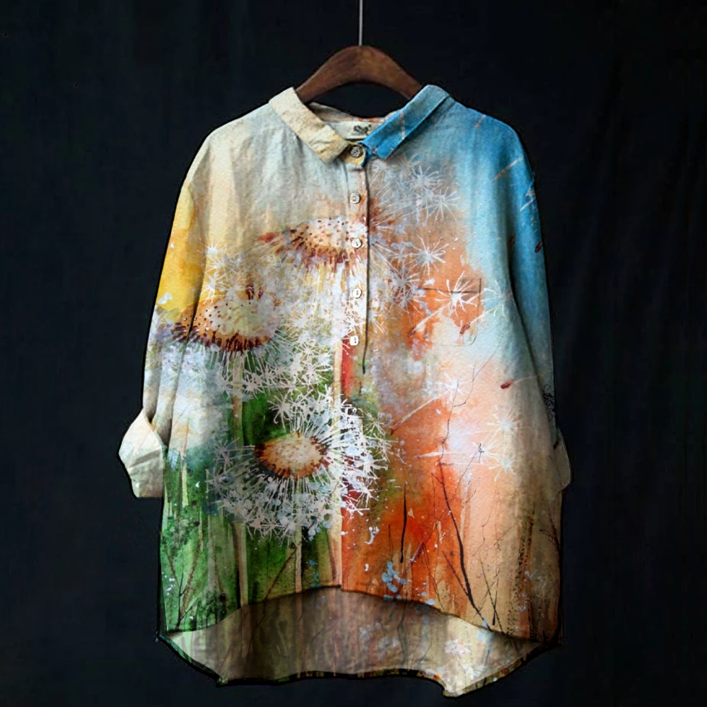Women's Vintage Colorblock Dandelion Print Casual Cotton And Linen Shirt 2407002387