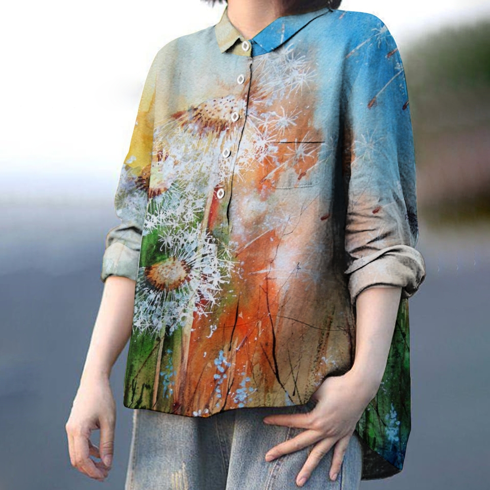 Women's Vintage Colorblock Dandelion Print Casual Cotton And Linen Shirt 2407002387