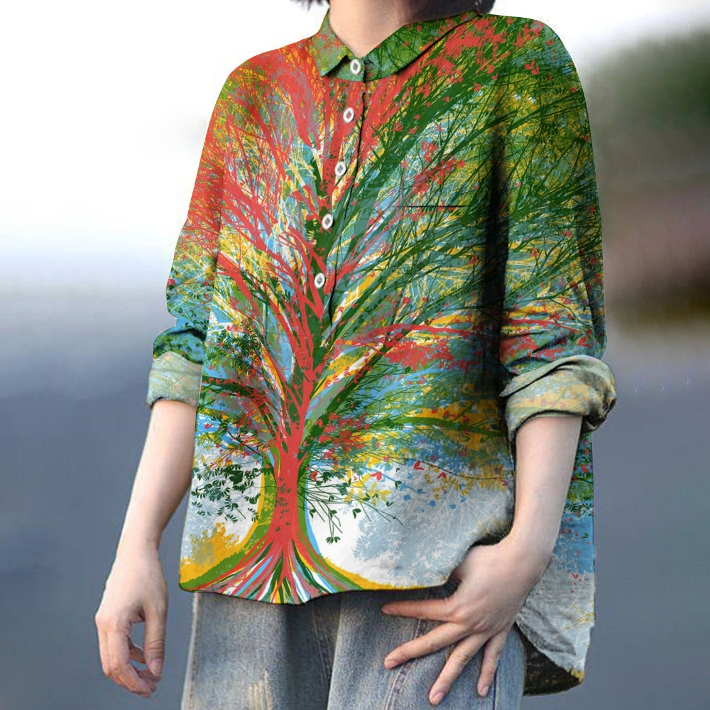 Women's  Colorblock Tree Print Casual Cotton And Linen Shirt
