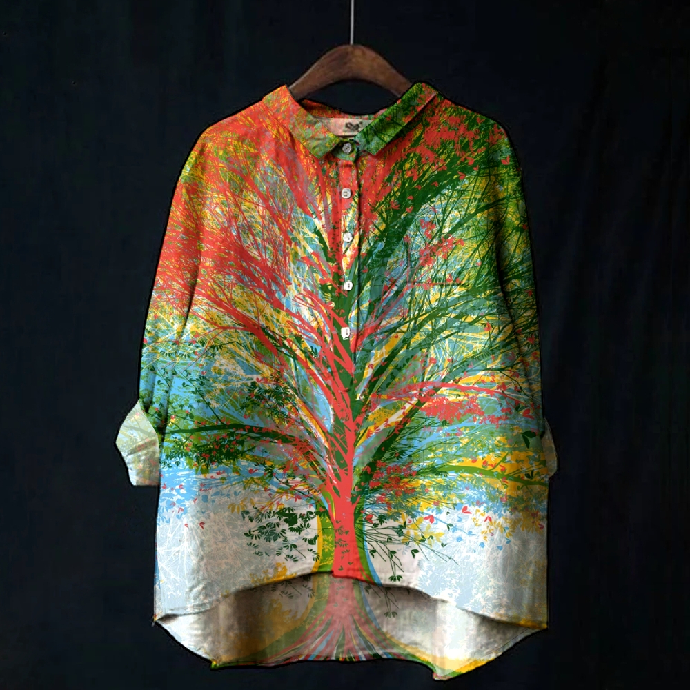 Women's  Colorblock Tree Print Casual Cotton And Linen Shirt