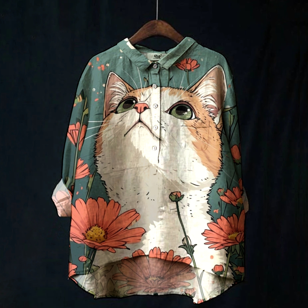 Women's Cat Flower Print Casual Cotton And Linen Shirt