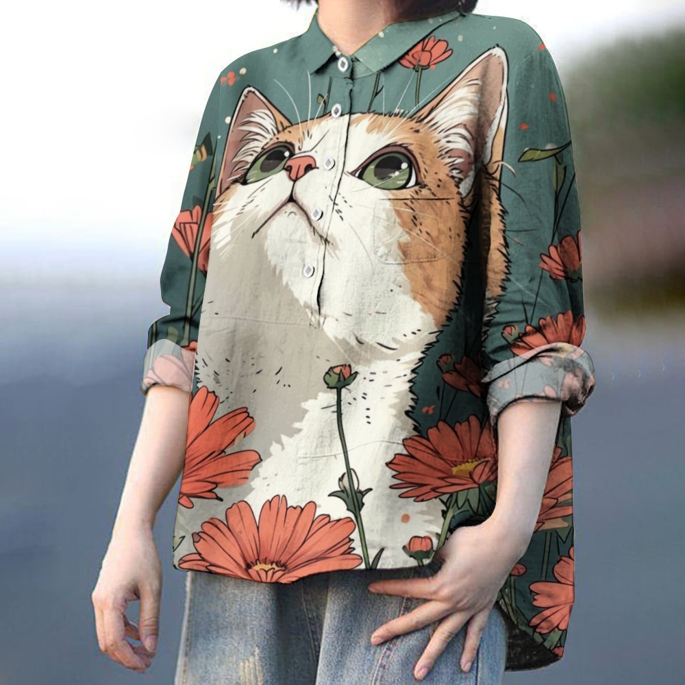 Women's Cat Flower Print Casual Cotton And Linen Shirt