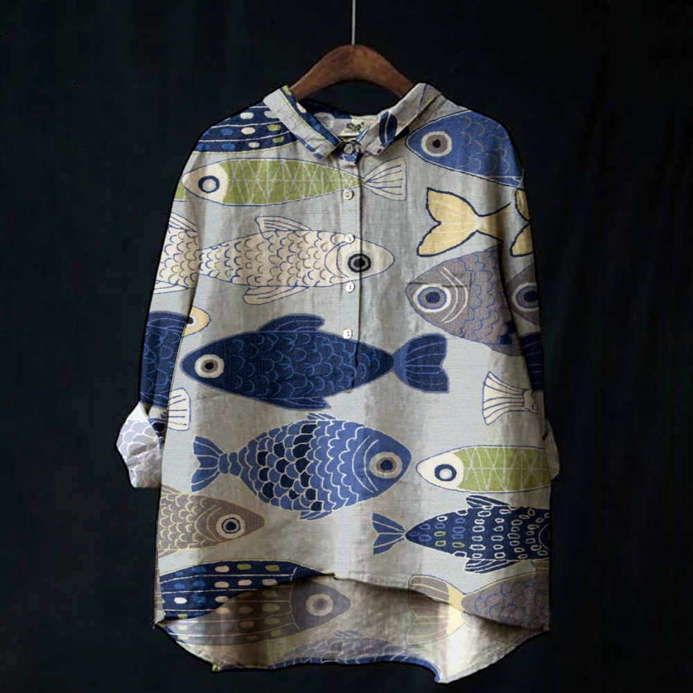 Women's Fish Art Print Casual Cotton And Linen Shirt