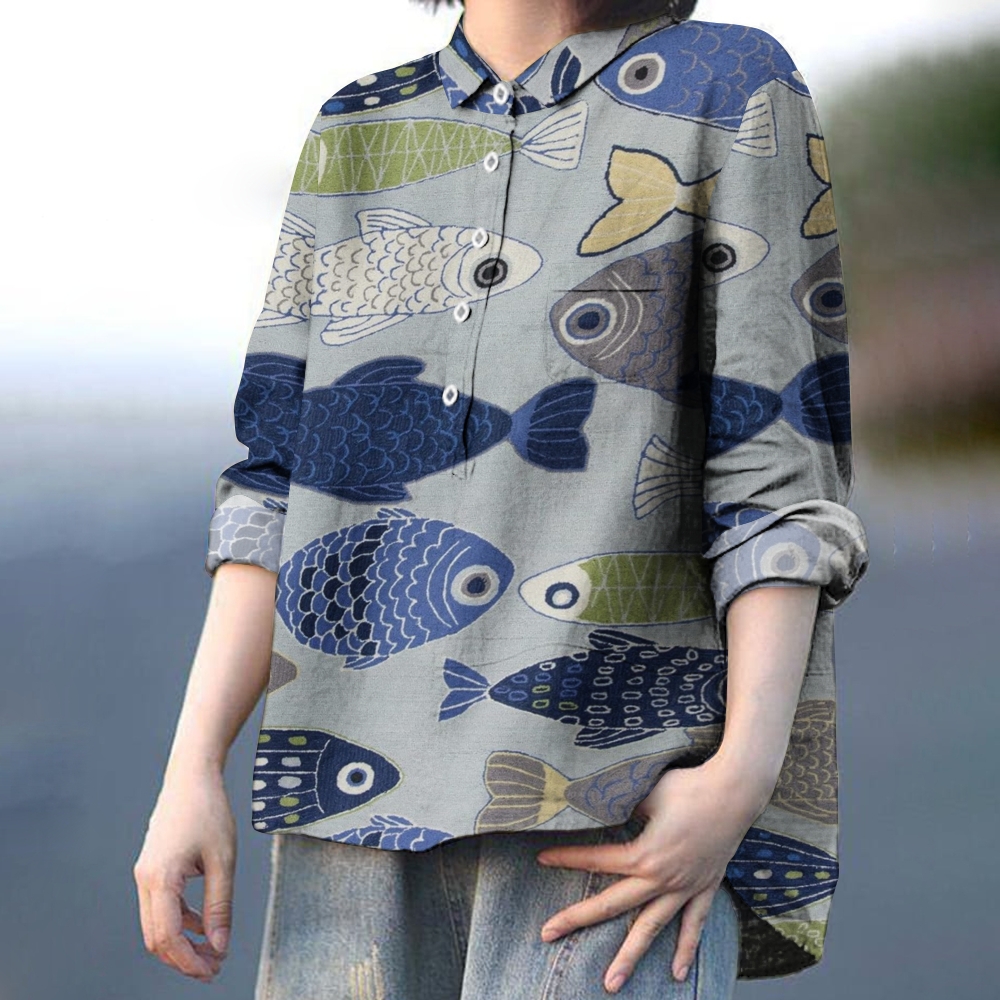 Women's Fish Art Print Casual Cotton And Linen Shirt