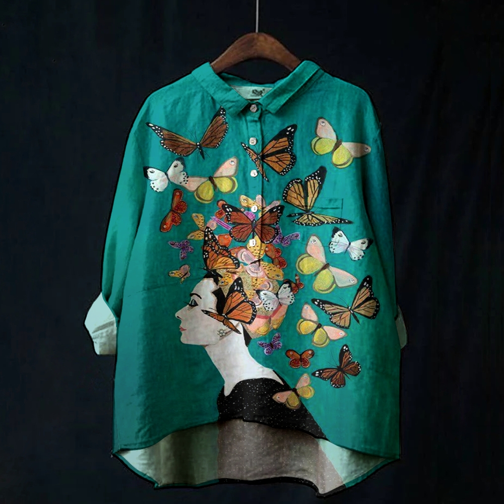 Women's Butterfly Print Casual Cotton And Linen Shirt