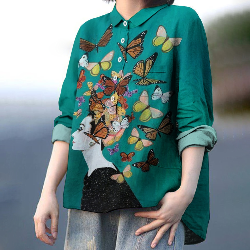 Women's Butterfly Print Casual Cotton And Linen Shirt