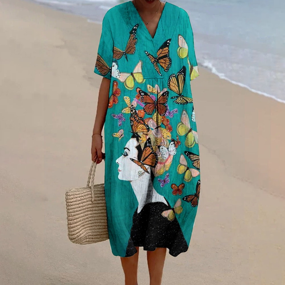 Women's Butterfly Print Flowy Cotton And Linen Dress