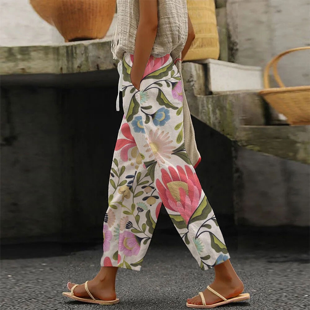 Vintage Floral Pattern Printed Women's Casual Pants