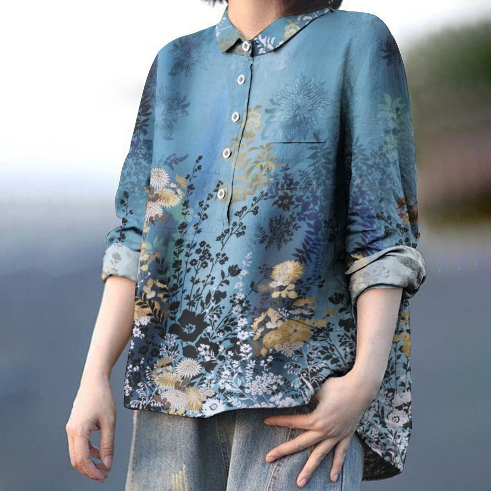 Women's Retro Floral Print Casual Cotton And Linen Shirt