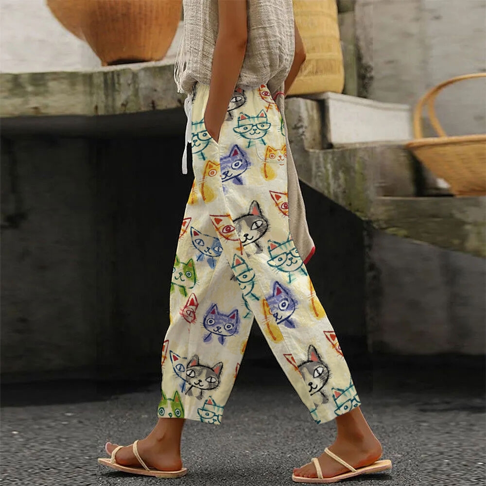 Cat Printed Women's 100%Cotton Casual Pants