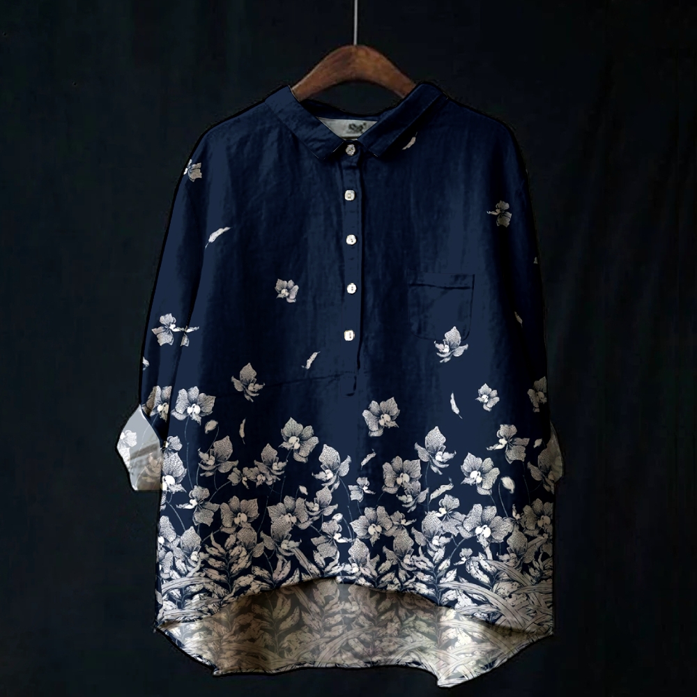 Women's Vintage Gradient Floral Print Casual Cotton And Linen Shirt 2407002578