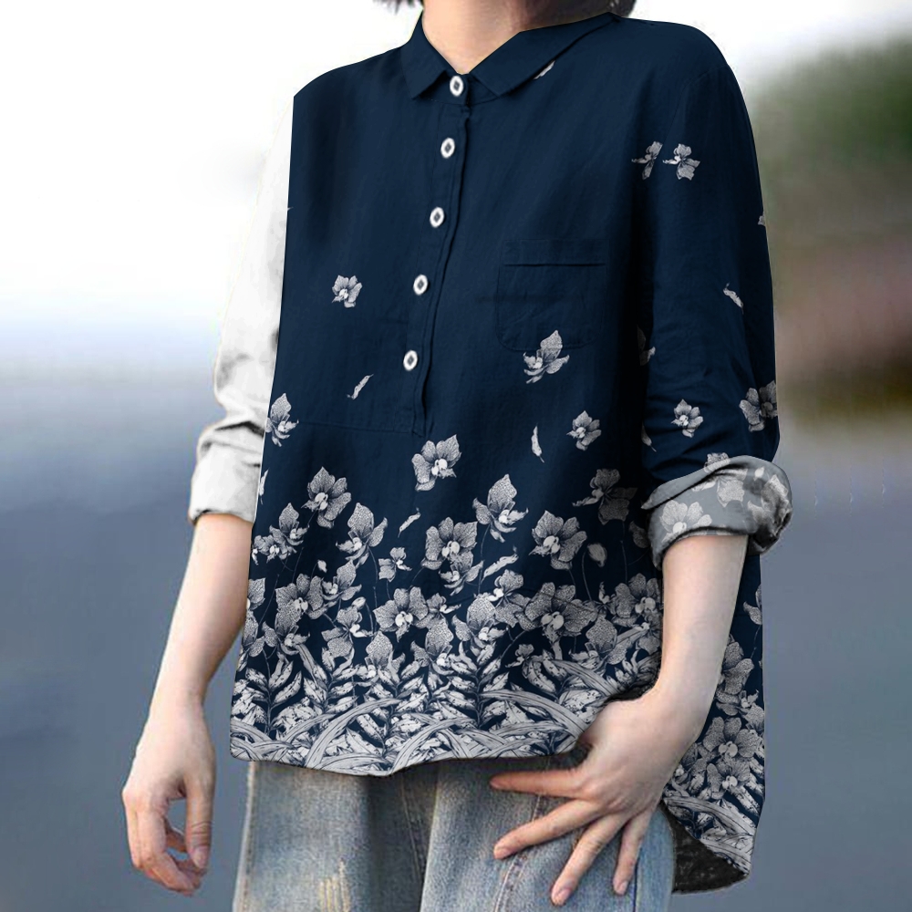 Women's Vintage Gradient Floral Print Casual Cotton And Linen Shirt 2407002578