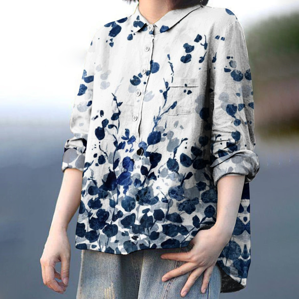Women's Retro Floral Gradient Print Casual Cotton And Linen Shirt