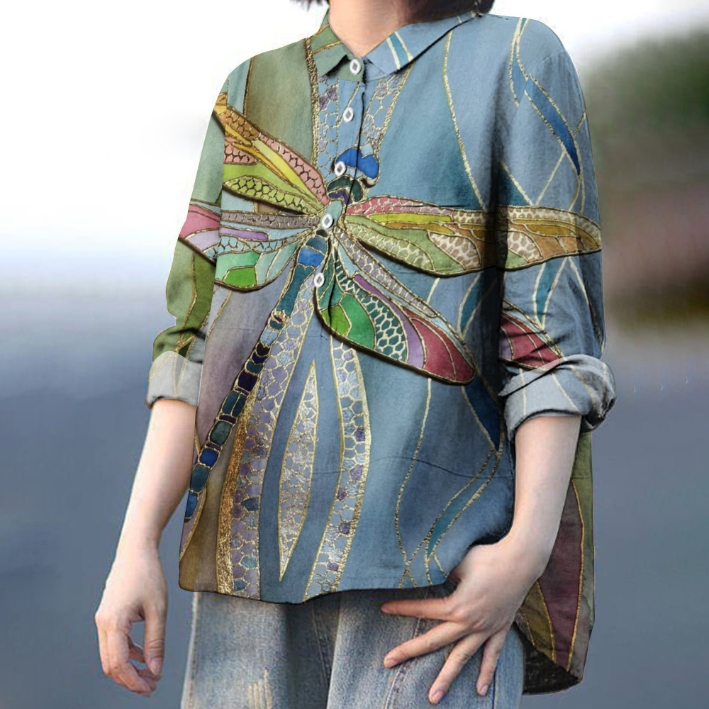 Women's Dragonfly Colorblock Art Print Casual Cotton And Linen Shirt