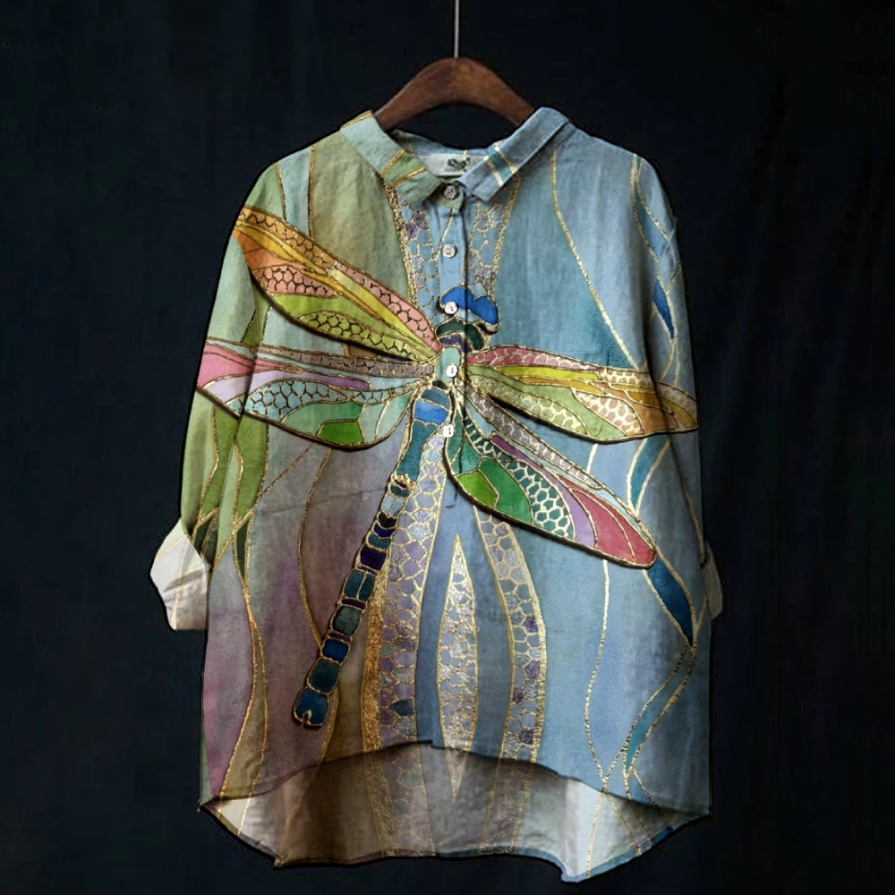 Women's Dragonfly Colorblock Art Print Casual Cotton And Linen Shirt