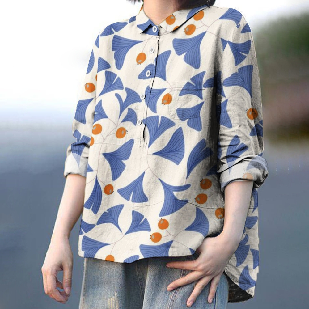 Women's Casual Ginkgo Leaf Print Cotton And Linen Shirt