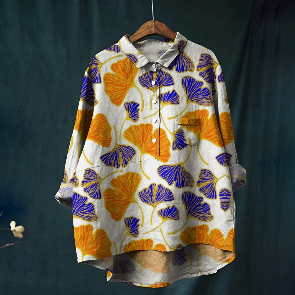 Women's Vintage Ginkgo Leaf Print Cotton And Linen Shirt