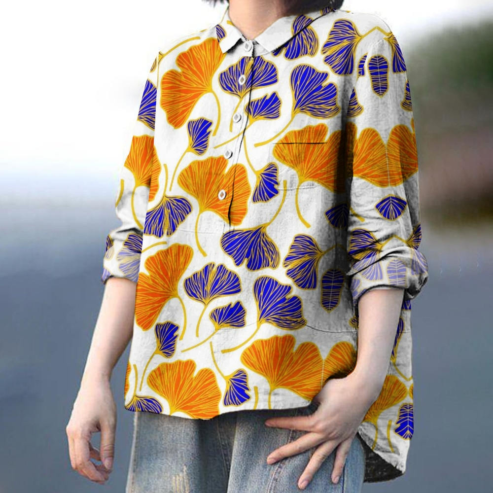 Women's Vintage Ginkgo Leaf Print Cotton And Linen Shirt