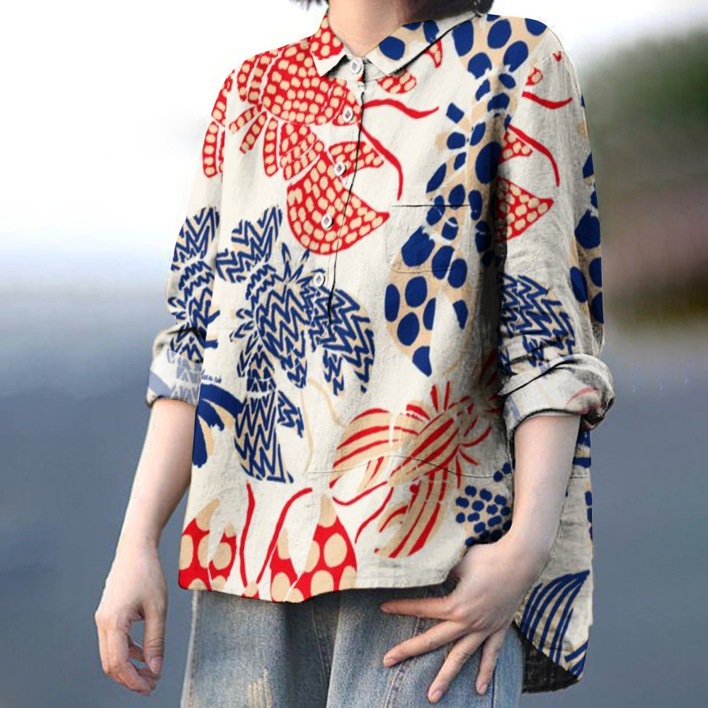 Women's Lobster Print Casual Cotton And Linen Shirt