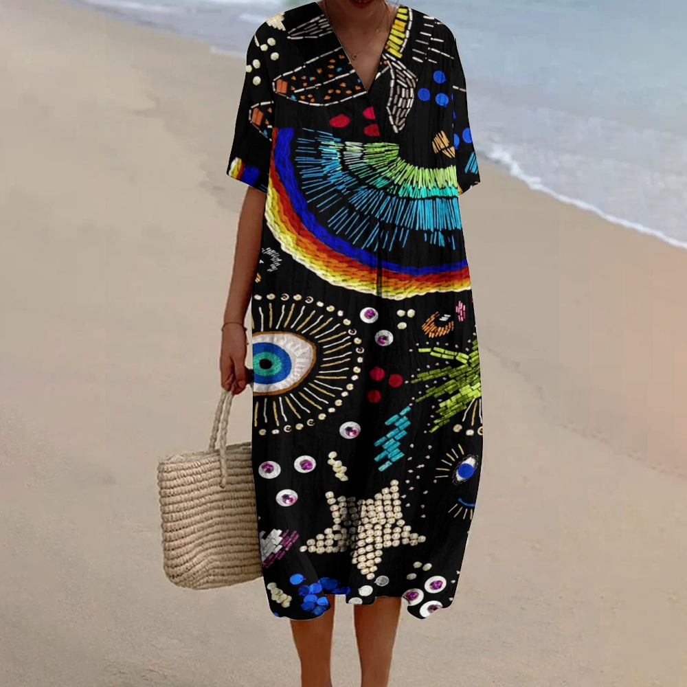 Women's Colorful Gems Print Flowy Cotton And Linen Dress