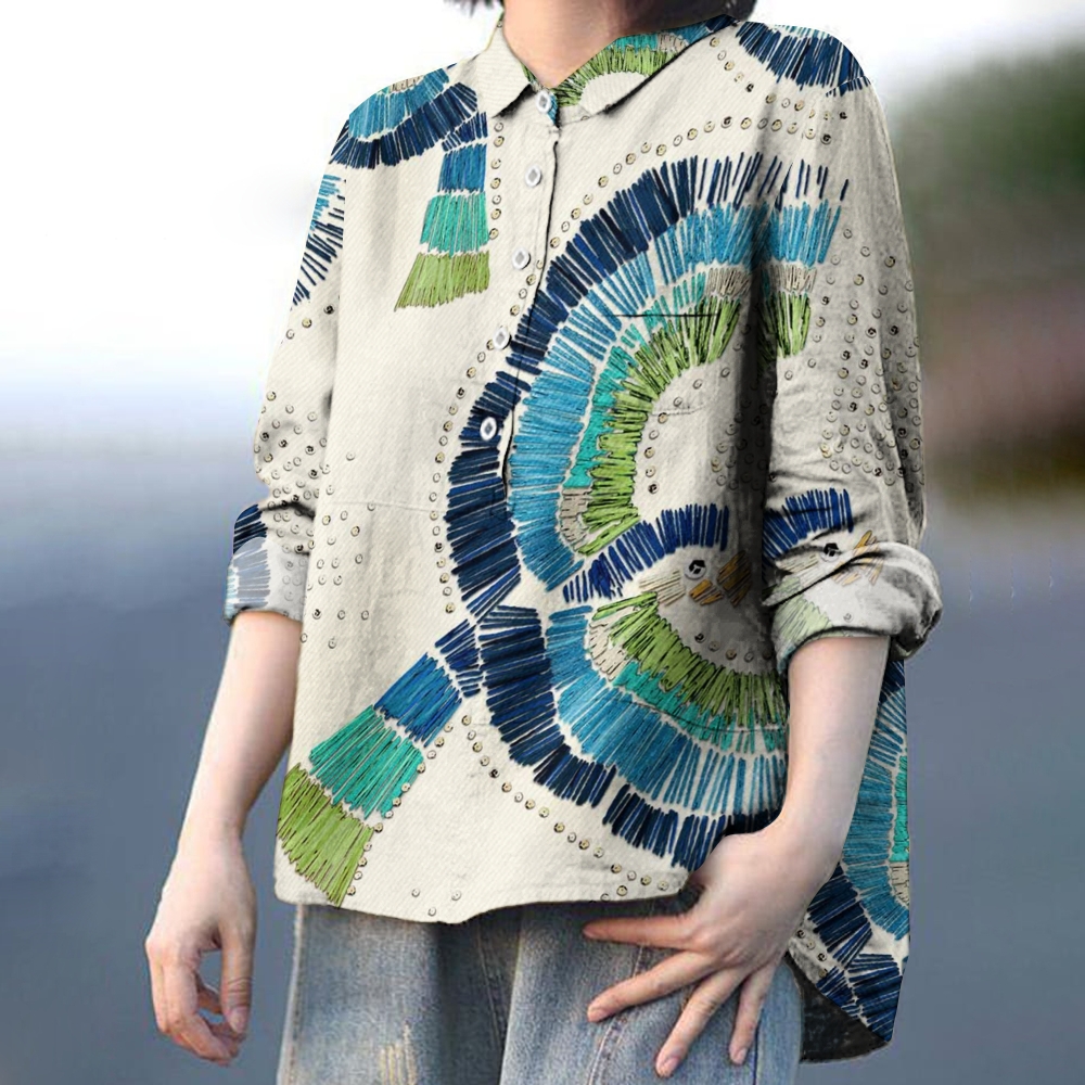 Women's Vintage Colorblock Bird Print Casual Cotton And Linen Shirt