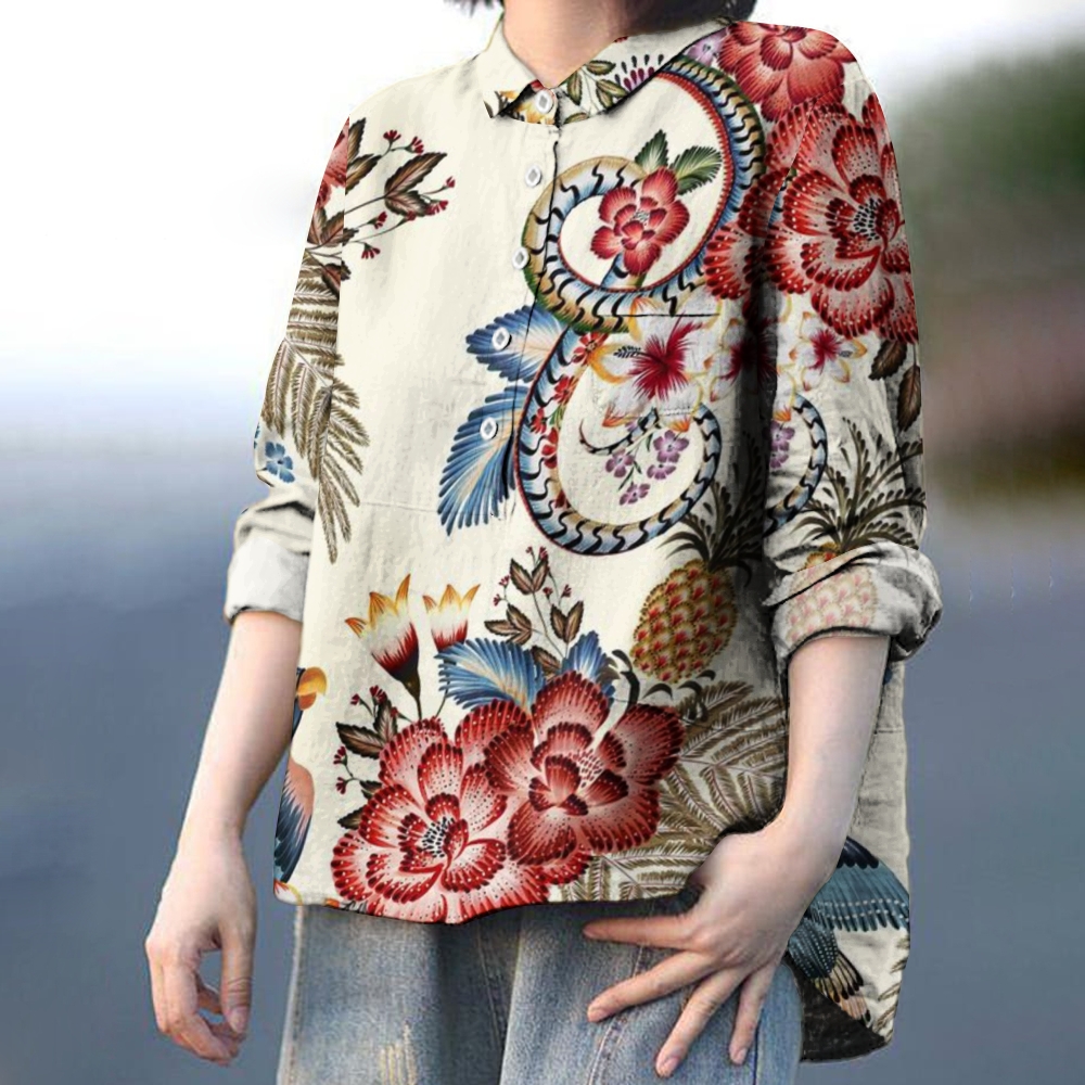 Women's Vintage Flower and Bird Print Casual Cotton And Linen Shirt