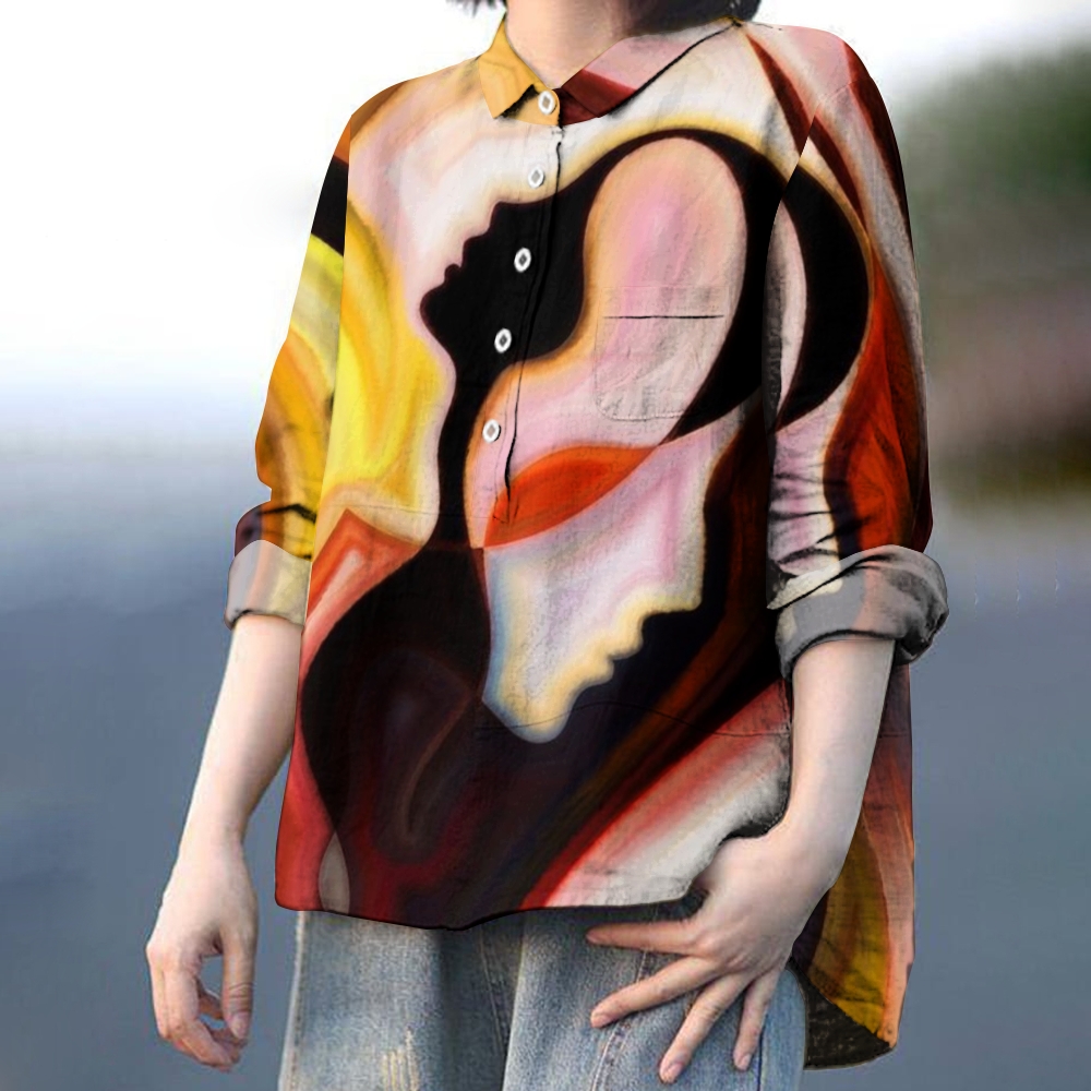 Women's Retro Abstract Colorblock Art Print Casual Cotton And Linen Shirt