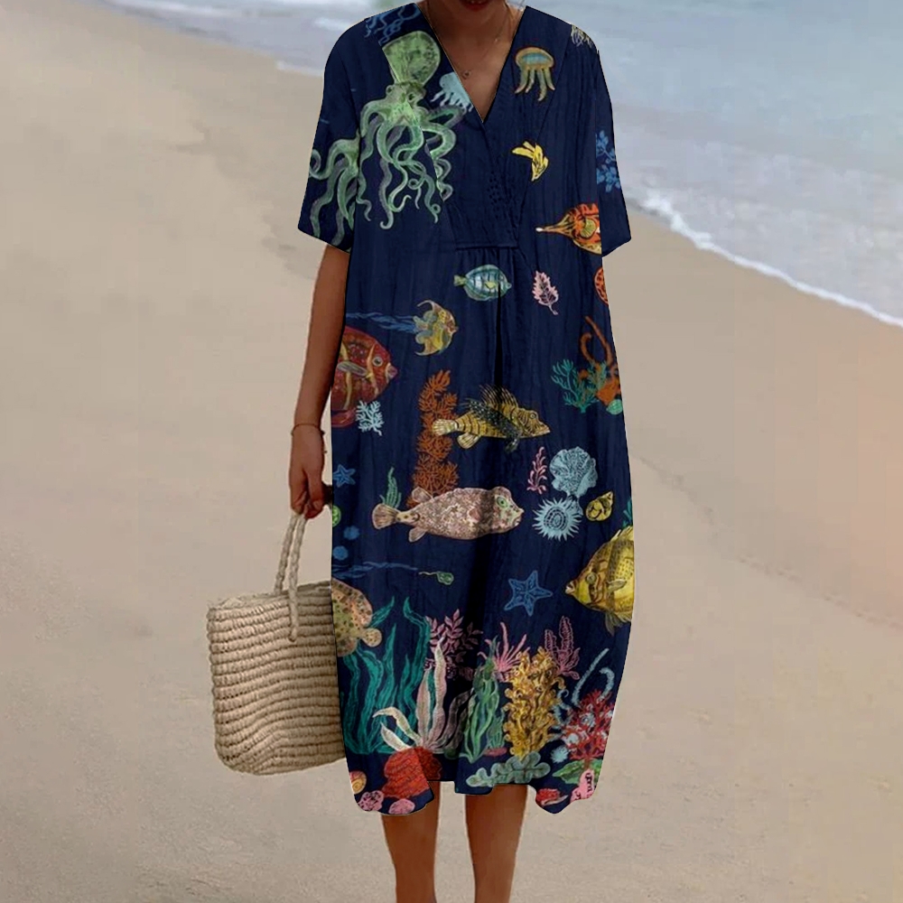 Women's Marine Life Print Flowy Cotton And Linen Dress