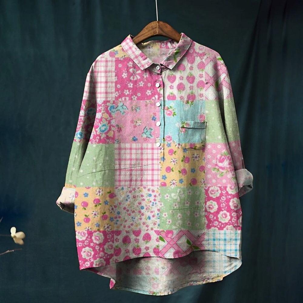Women's Vintage Contrast Floral Casual Cotton And Linen Shirt