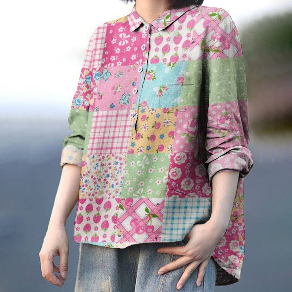 Women's Vintage Contrast Floral Casual Cotton And Linen Shirt
