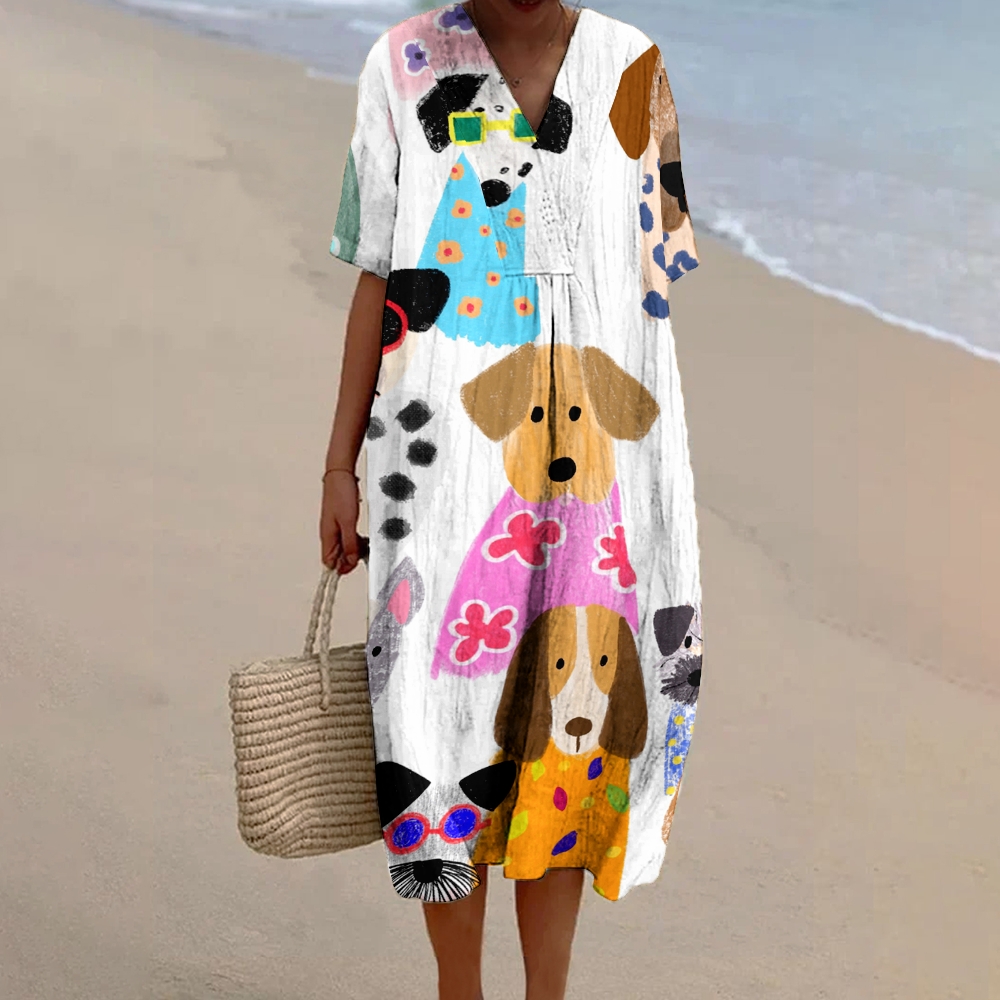 Women's Print Flowy Cotton And Linen Dress