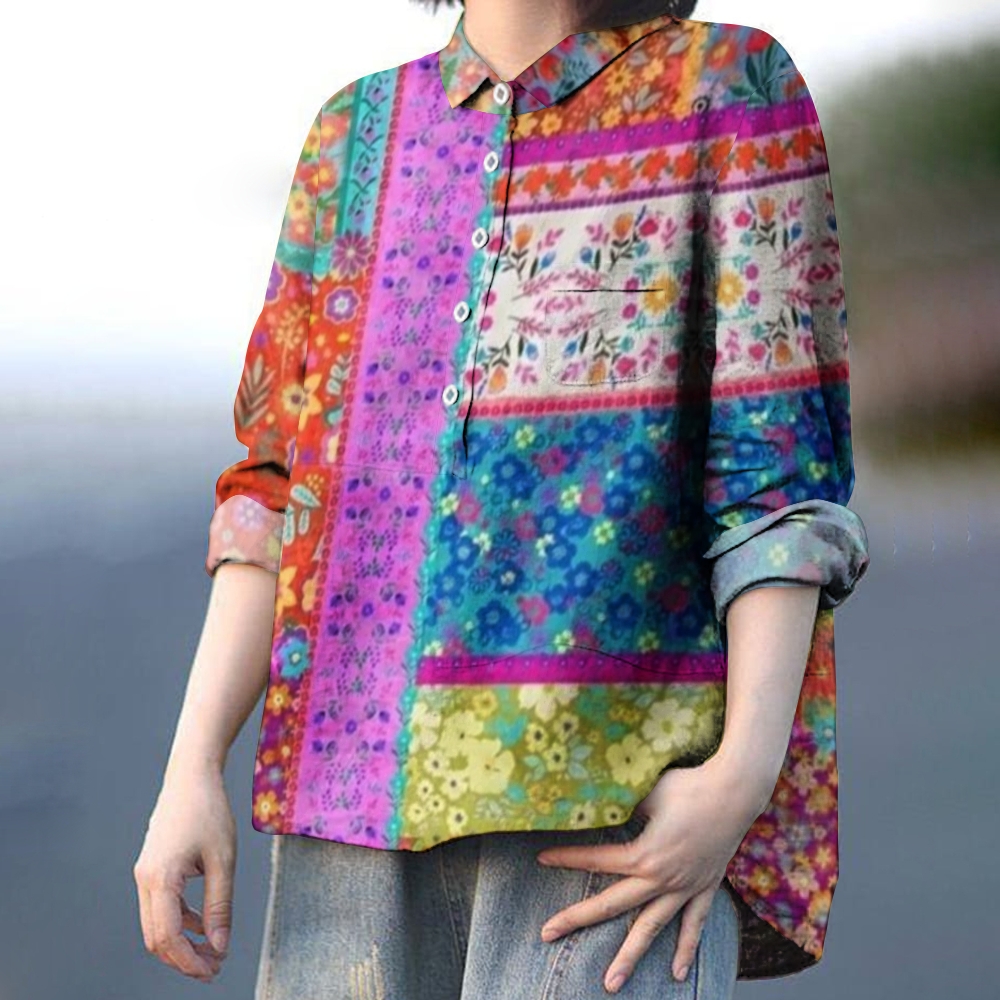 Women's Flower Print Casual Cotton And Linen Shirt