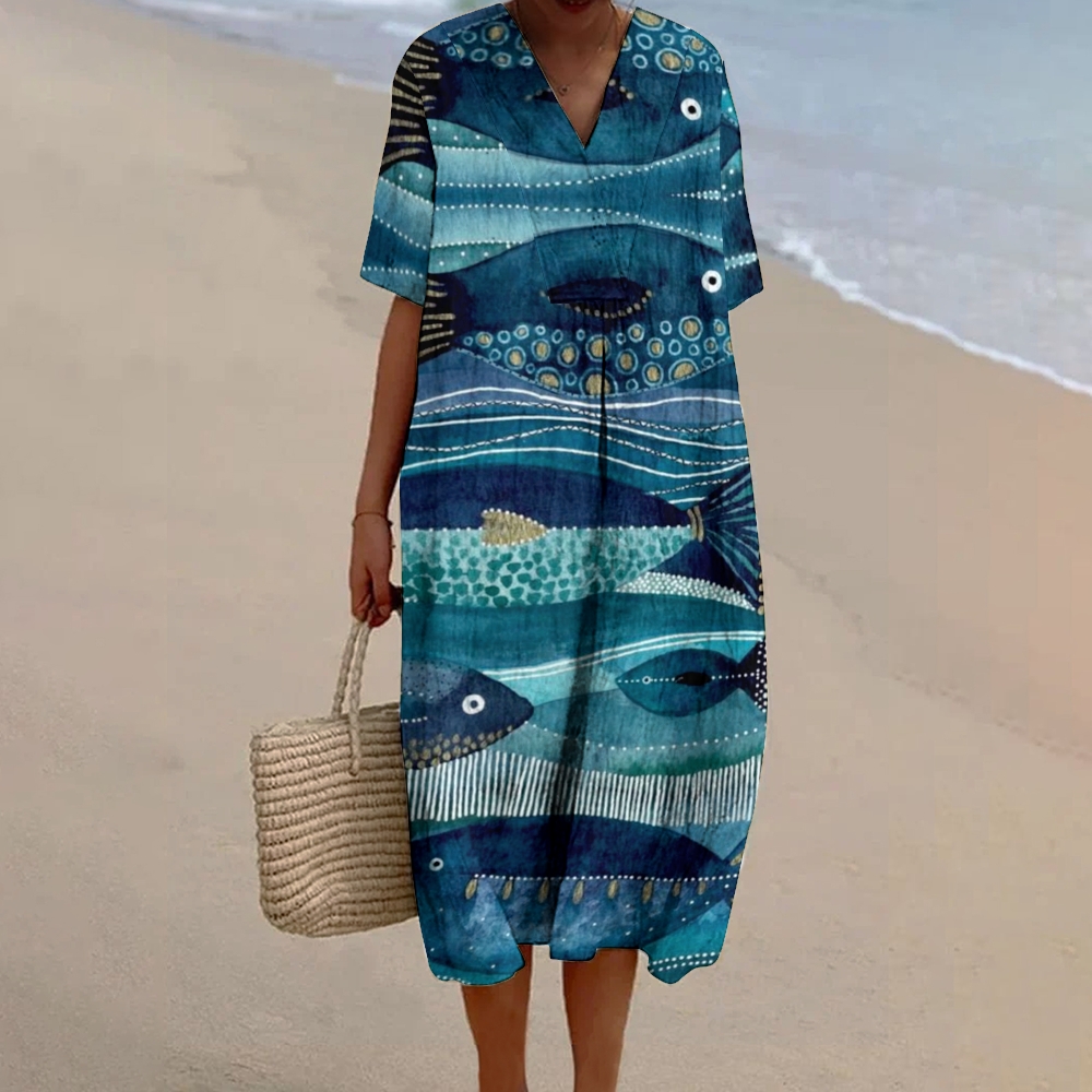 Women's Fish Print Cotton And Linen Dress