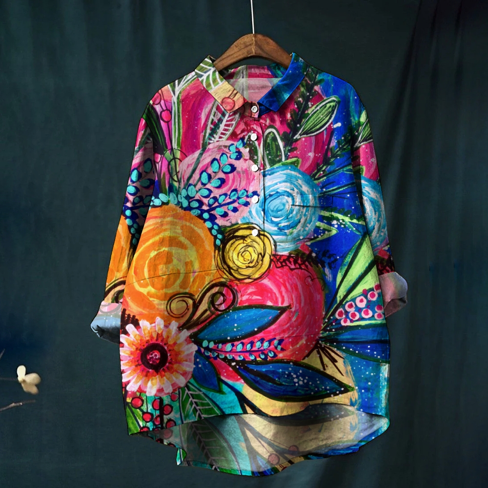Women's  Artistic Flower Print Casual Linen Shirt