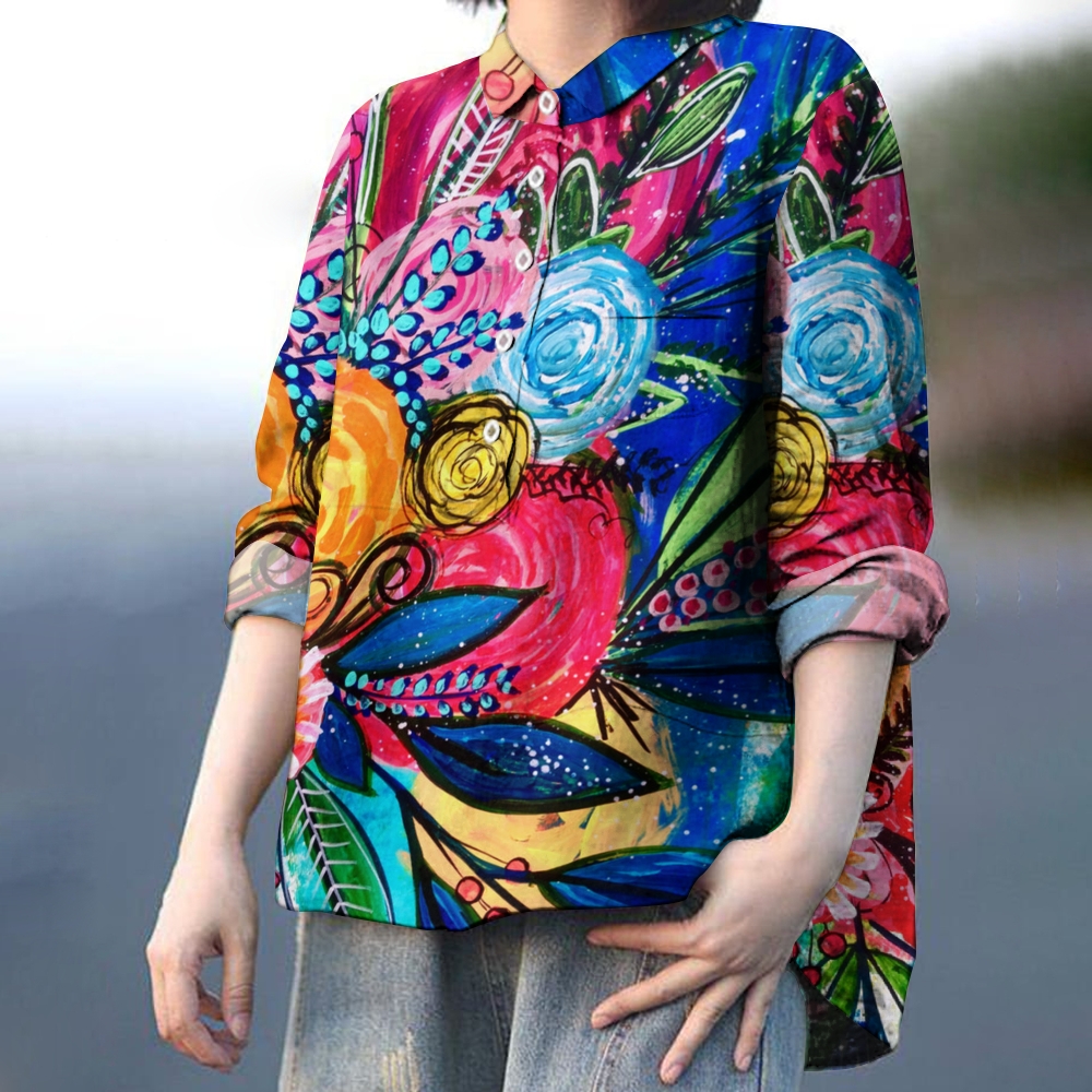 Women's  Artistic Flower Print Casual Linen Shirt